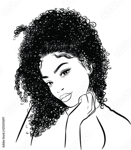 Hand Drawn Black Woman With Curly Luxurious Hair And Big Sexy Lips