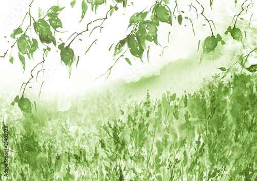watercolor-country-forest-landscape-autumn-summer-forest-green-and-yellow-branches-of-birch-aspen-willow-bushes-wild-plants-and-grass-art-illustration-abstract-splash-of-paint