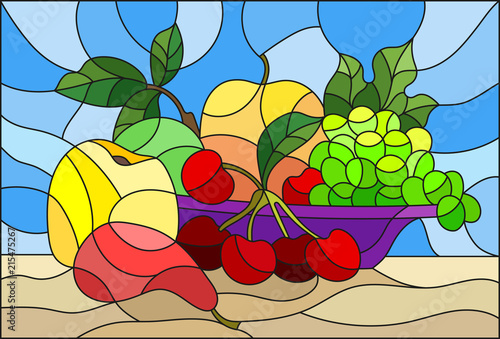 illustration-in-stained-glass-style-with-still-life-fruits-and-berries-in-purple-bowl-on-a-blue-background