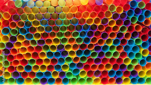 Hundreds of colorful plastic straws laying facing forwards opening towards viewer, laying on yellow surface. Many cities are now banning single use plastic straws. © sheilaf2002