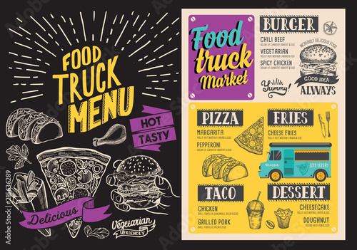food truck menu design template with doodle hand drawn graphic