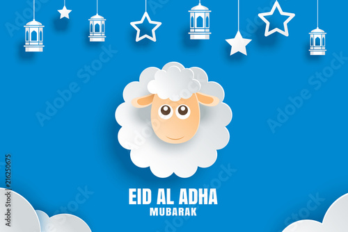 Eid Al Adha Mubarak Celebration Card With Sheep In Paper Art Blue Eid Al Adha Mubarak Celebration Card With Sheep In Paper Art Blue Background Use For