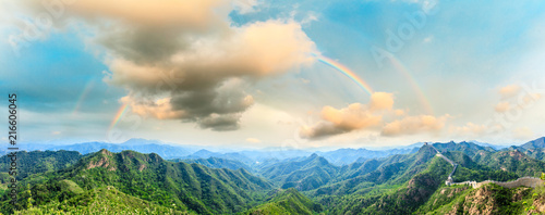 Majestic Great Wall Of China And Beautiful Rainbow At Sunset