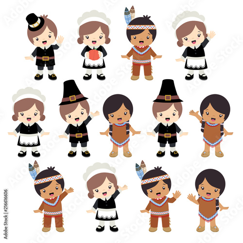 Native American Indian And Pilgrim Boy Girl Posing Set Vector Illustration Isolated On White