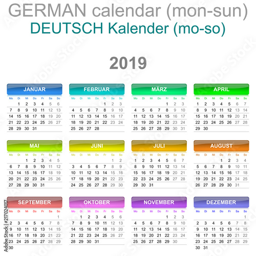 2019 Calendar German Language Version Monday to Sunday