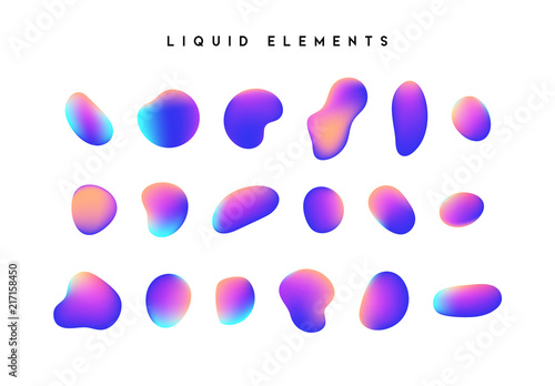 Gradient iridescent shapes. Set isolated liquid elements of holographic chameleon design palette of shimmering colors. Modern abstract pattern, bright colorful paint splash fluid. © lauritta
