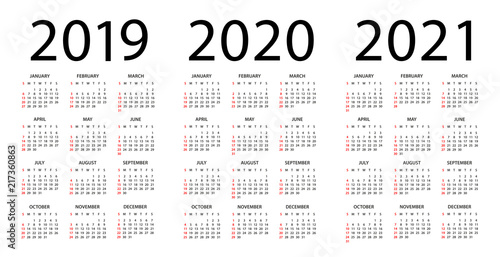 Calendar 2019 2020 2021 - illustration. Week starts on Sunday