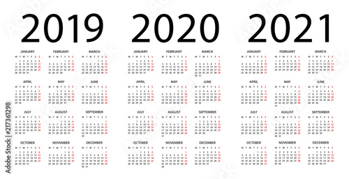 Calendar 2019 2020 2021 - illustration. Week starts on Monday