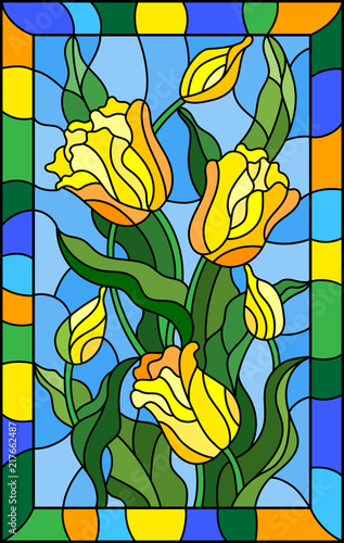 illustration-in-stained-glass-style-with-a-bouquet-of-yellow-tulips-on-a-blue-background-in-bright-frame