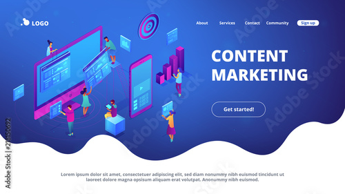 Isometric IT specialists working with charts on content marketing landing page. Business analysis, content strategy and management concept. Blue violet background. Vector 3d isometric illustration. © Visual Generation