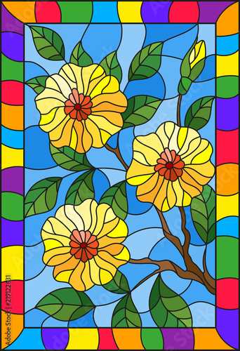 illustration-in-stained-glass-style-with-a-branch-of-a-flowering-plant-with-yellow-flowers-on-a-blue-background-in-a-bright-frame-rectangular-image