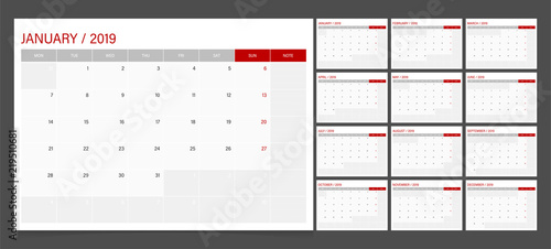 2019 calendar planner set week start Monday corporate design template vector