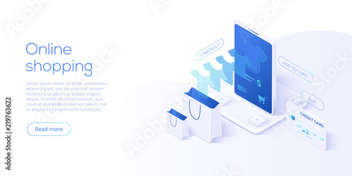 Online shopping or e-commerce isometric vector illustration. Internet store checkput procedure concept with smartphone and bag. Credit card payment transaction via app. © Graf Vishenka