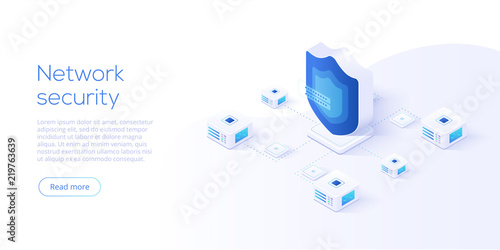Network data security isometric vector illustration. Online server protection system concept with datacenter or blockchain. Secure bank transaction with password verification via internet. © Graf Vishenka
