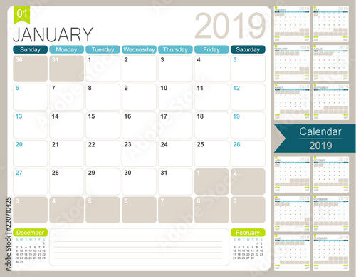 English calendar 2019 / English calendar planner for year 2019, week starts on Sunday, set of 12 months January - December, simple calendar template, desk planning calendar, vector illustration