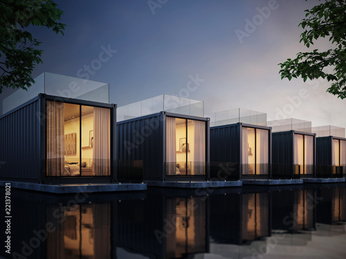 Container House on lake resort, evening light 3D render © P11irom