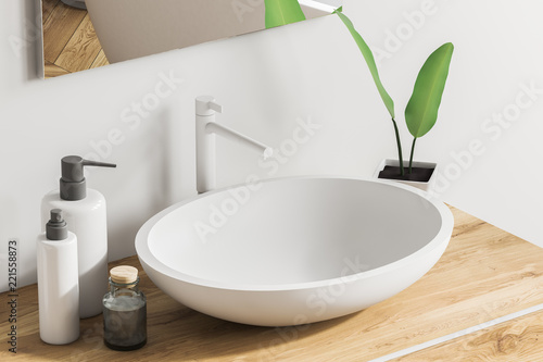 Close Up Of Sink On Wooden Vanity Unit White Photos Ap Close Up Of Sink On Wooden Vanity Unit White