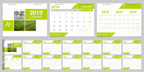 2019 calendar set week start Monday corporate design template vector.