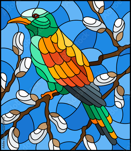 illustration-in-stained-glass-style-with-a-bright-bird-on-willow-branches-against-the-sky