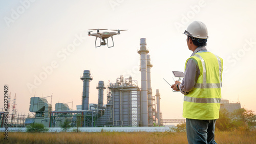 Drone inspection. Operator inspecting construction building turbine power plant