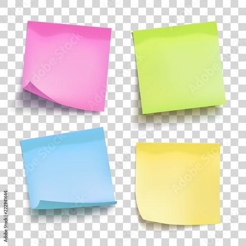 Set of color sheets of note papers. Four sticky notes. Vector illustration.