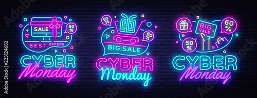 Big set Cyber Monday, Vector illustration discount sale concept in neon style, online shopping and marketing concept. Neon Light signboard, bright banner, illuminated advertisement