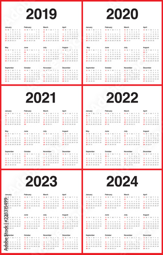 Year 2019 2020 2021 2022 2023 2024 calendar vector design template ...