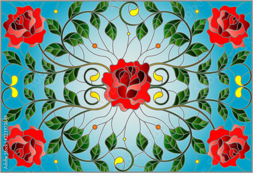 illustration-in-stained-glass-style-with-red-rose-branches-on-blue-background-rectangular-image
