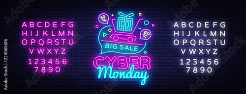 Cyber Monday Sale neon sign vector. Cyber Monday Bid discount Design template neon sign, light banner, neon signboard, nightly bright advertising, light inscription. Vector. Editing text neon sign