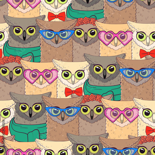 seamless-pattern-with-cute-owls-with-trendy-accessories-glasses-bow-tie-flowers-scarf-print-for-fabric-t-shirt-poster-vector-illustration