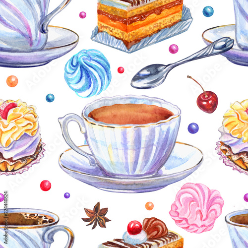 bezszwowy-wzor-filizanki-i-cukierki-na-bialym-tle-akwareli-ilustracja-herbata-kawa-slodycze-marshmallows-ciasto-rysunek-odreczny