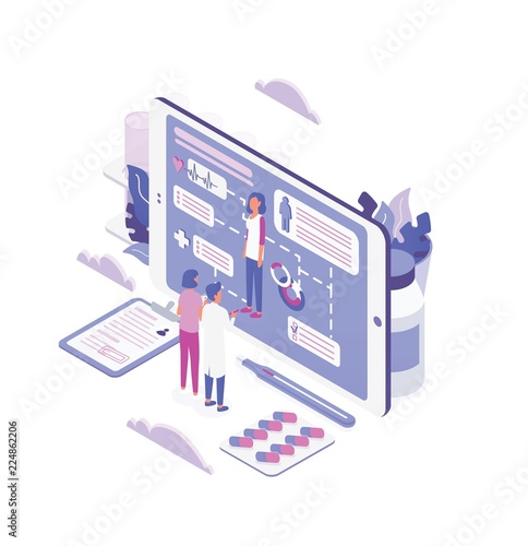 Woman and doctor standing in front of large tablet PC screen and looking through patient's health indicators. Online medical aid, internet healthcare service. Colorful isometric vector illustration.