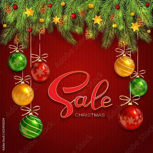 Christmas Sale On Red Knitted Background With Fir Tree Branches And Baubles Christmas Sale On Red Knitted Background With Fir Tree Branches And Baubles