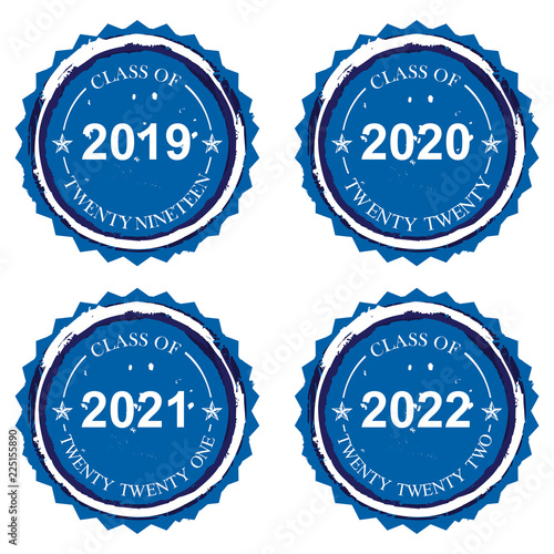 Rubber stamp imprint designs on Class of 2019 2020 2021 2022 in blue on an isolated white background