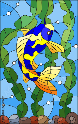 illustration-in-stained-glass-style-with-bright-spotted-fish-on-the-background-of-water-algae-and-air-bubbles