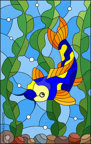 illustration-in-stained-glass-style-with-bright-spotted-fish-on-the-background-of-water-algae-and-air-bubbles