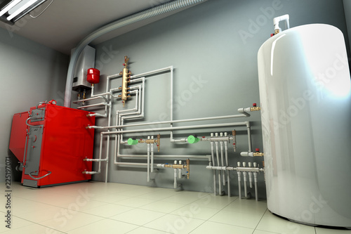 Hot water boiler Boiler room with a heating system 3d render © nosorogua