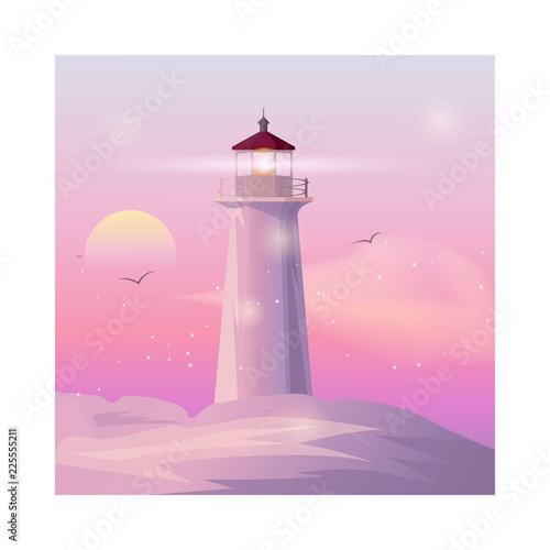 Vector sea landscape with lighting lighthouse at sunset. © Art_by_Danko