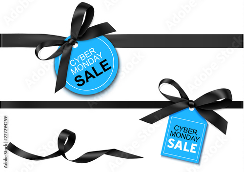 Decorative horizontal black ribbon with bow and sale tag for cyber monday sale design. Vector decoration and label isolated on white background