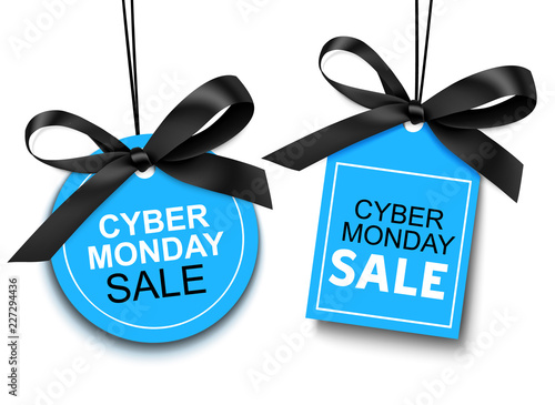 Cyber Monday sale tag with black bow for your design. Vector set of discount labels isolated on white background