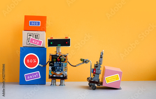 Special offer big sales discount promotion poster. Funny robot with shopping cart and boxes, discount advertising stickers. Yellow background copy space