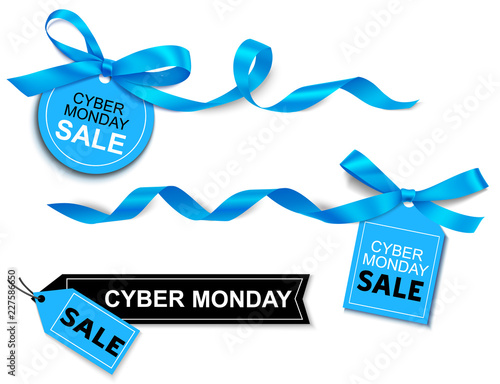 Decorative horizontal blue ribbon with bow and sale tag for cyber monday sale design. Vector decorations and labels isolated on white background