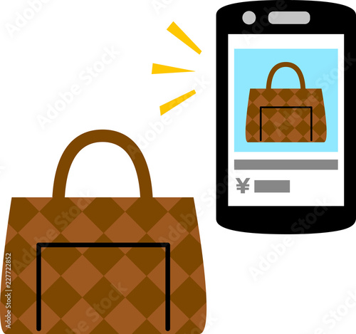 スマートフォンでのバッグの売買画面とバッグ