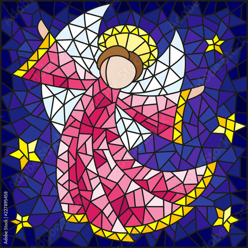 illustration-in-the-style-of-a-stained-glass-window-abstract-angel-in-pink-robe-on-a-background-of-sky-and-stars