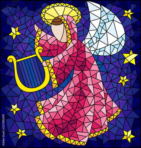 illustration-in-the-style-of-a-stained-glass-window-abstract-angel-in-pink-robe-with-a-harp-in-his-hands-at-the-sky-and-stars