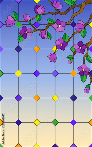 illustration-in-stained-glass-style-with-a-branch-of-a-flowering-tree-on-a-window-and-sky-background