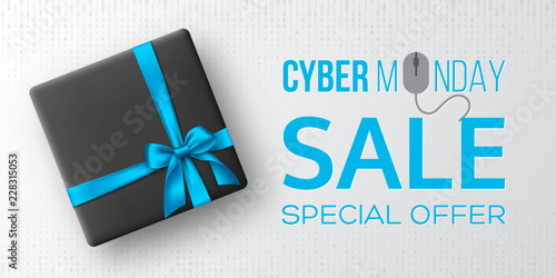 Cyber monday sale horizontal poster or banner for seasonal discounts. Black box with realistic silk blue bow on code background. Sale concept. Vector illustration.