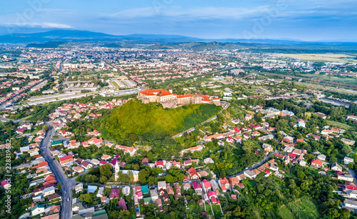 Aerial view of Mukachevo with the Palanok Castle in Ukraine © Leonid Andronov