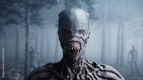 scary monster in fog night forest. Fear and horror. Mistic and ufo concept. 3d rendering.
