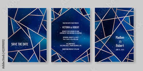 Starry Night Sky Trendy Wedding Invitation Card Set, Save the Date Celestial Template of Galaxy, Space, Stars Illustration in vector